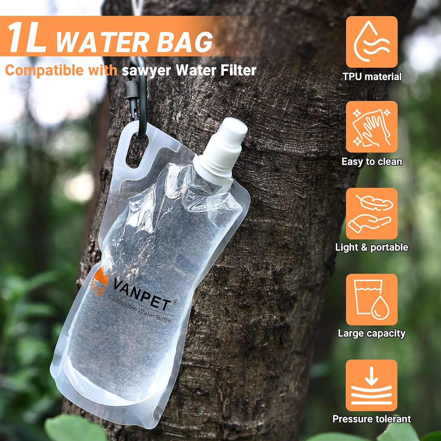 Filter Collapsible Water Bottles, 1L Plastic Flasks, Reusable Drink Bags, Foldable Backpacking Water Bottle for Travel Camping Hiking (2) - Image 2