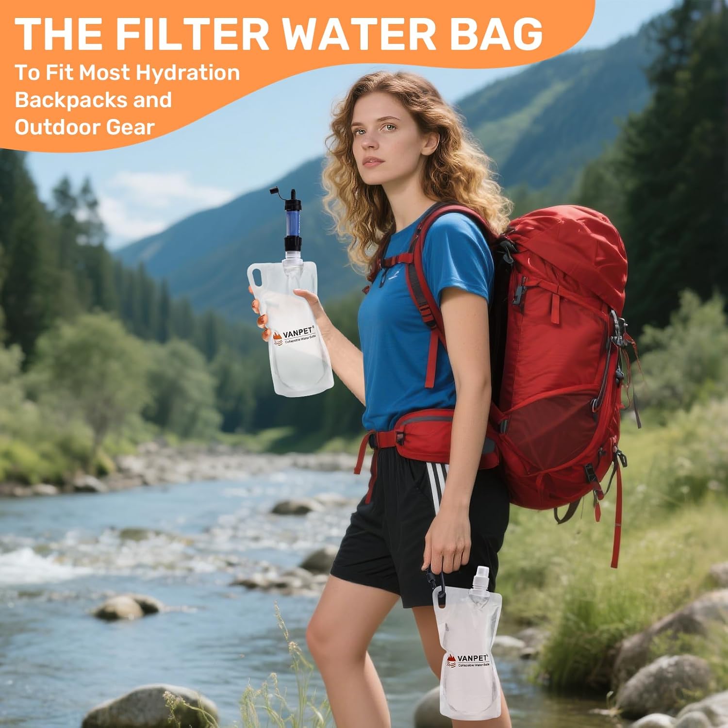 Filter Collapsible Water Bottles, 1L Plastic Flasks, Reusable Drink Bags, Foldable Backpacking Water Bottle for Travel Camping Hiking (2) - Image 3