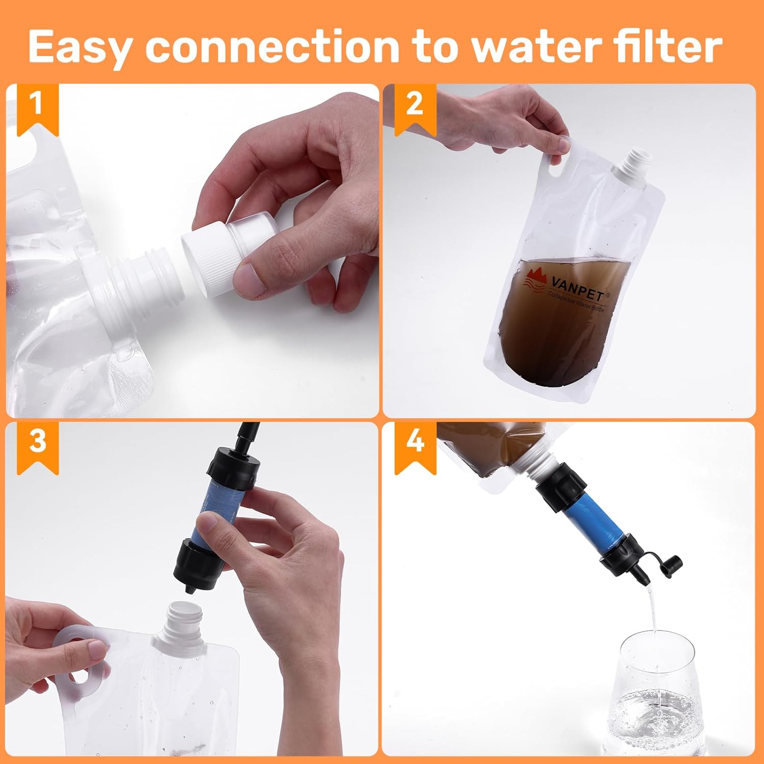 Filter Collapsible Water Bottles, 1L Plastic Flasks, Reusable Drink Bags, Foldable Backpacking Water Bottle for Travel Camping Hiking (2) - Image 7