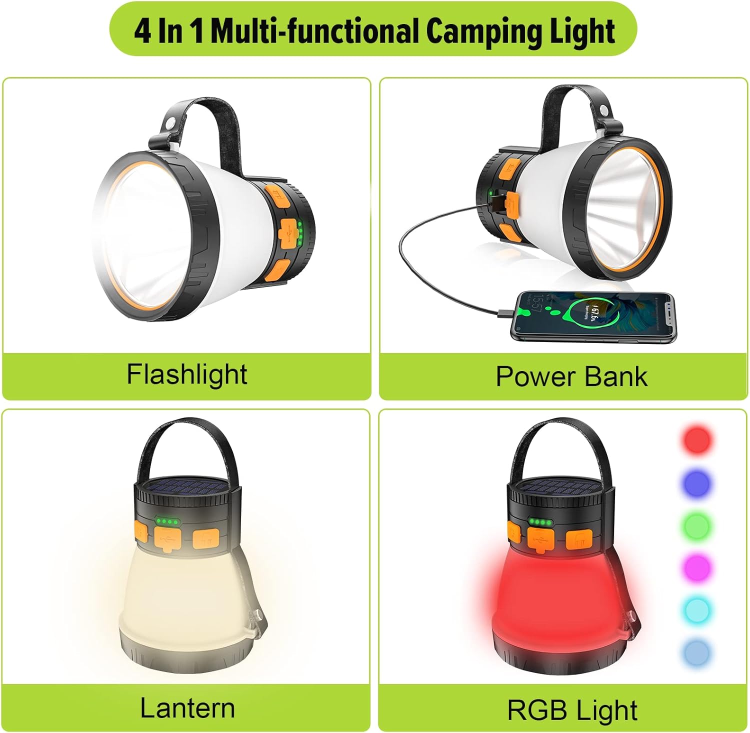 LED Camping Lantern, 1500 Lumens Camping Lantern Rechargeable with Solar Panel Charging, Waterproof, 8 Light Modes, 7500mAh Power Bank, Camping Flashlight for Hurricane Emergency, Hiking, Outdoor - Image 3