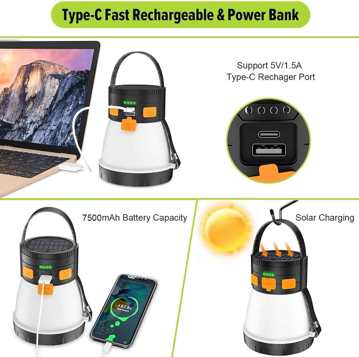 LED Camping Lantern, 1500 Lumens Camping Lantern Rechargeable with Solar Panel Charging, Waterproof, 8 Light Modes, 7500mAh Power Bank, Camping Flashlight for Hurricane Emergency, Hiking, Outdoor - Image 5